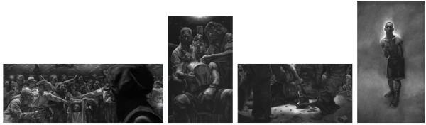 Cuatro imágenes dibujadas en blanco y negro que retratan distintos momentos de una pelea de box.