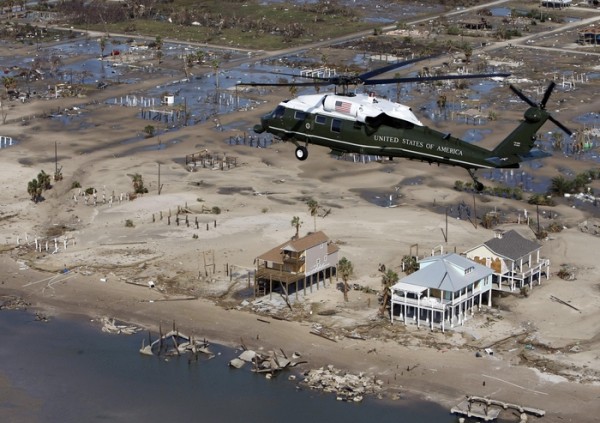 Marine One, with President Bush aboard, takes an aerial tour of the damage from Hurricane Ike near Galveston, Texas, Tuesday, Sept. 16, 2008. (AP Photo/Pablo Martinez Monsivais)