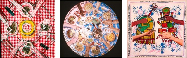 Gringo Table, 1993, acrylic on tablecloth, 41 x 44 in. San Antonio Fatso-watso Table, 1995, enamel on oilcloth tablecloth, 53 in. diameter, Collection of Susie and Peter Krulevitch, Pleasanton, California The First Course of an Aztec Banquet, 1998, acrylic on tablecloth, 36 in. x 36 in.