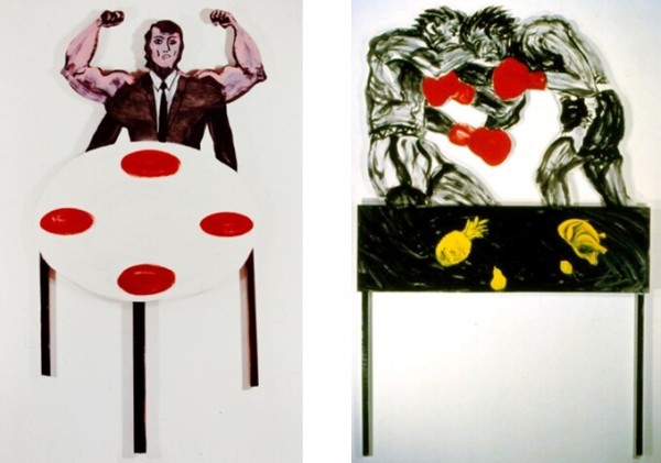 Powerman at the Table, 1982, enamel on wood and masonite, 84 1/2 x 42 1/2 in. Fighting by the Table, 1983, enamel on wood, 96 x 63 in.