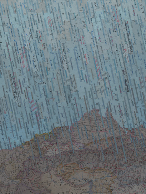 Blue Rain (2014). Inlaid book pages and acrylic on wood panel.