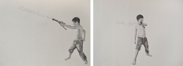 Mueranze Hijos de Puta (Die Sons of Bitches), 2013, graphite on paper, 18 x 24 in; Plata O Plomo (Silver or Lead)?, 2013, graphite on paper, 18 x 24 in.