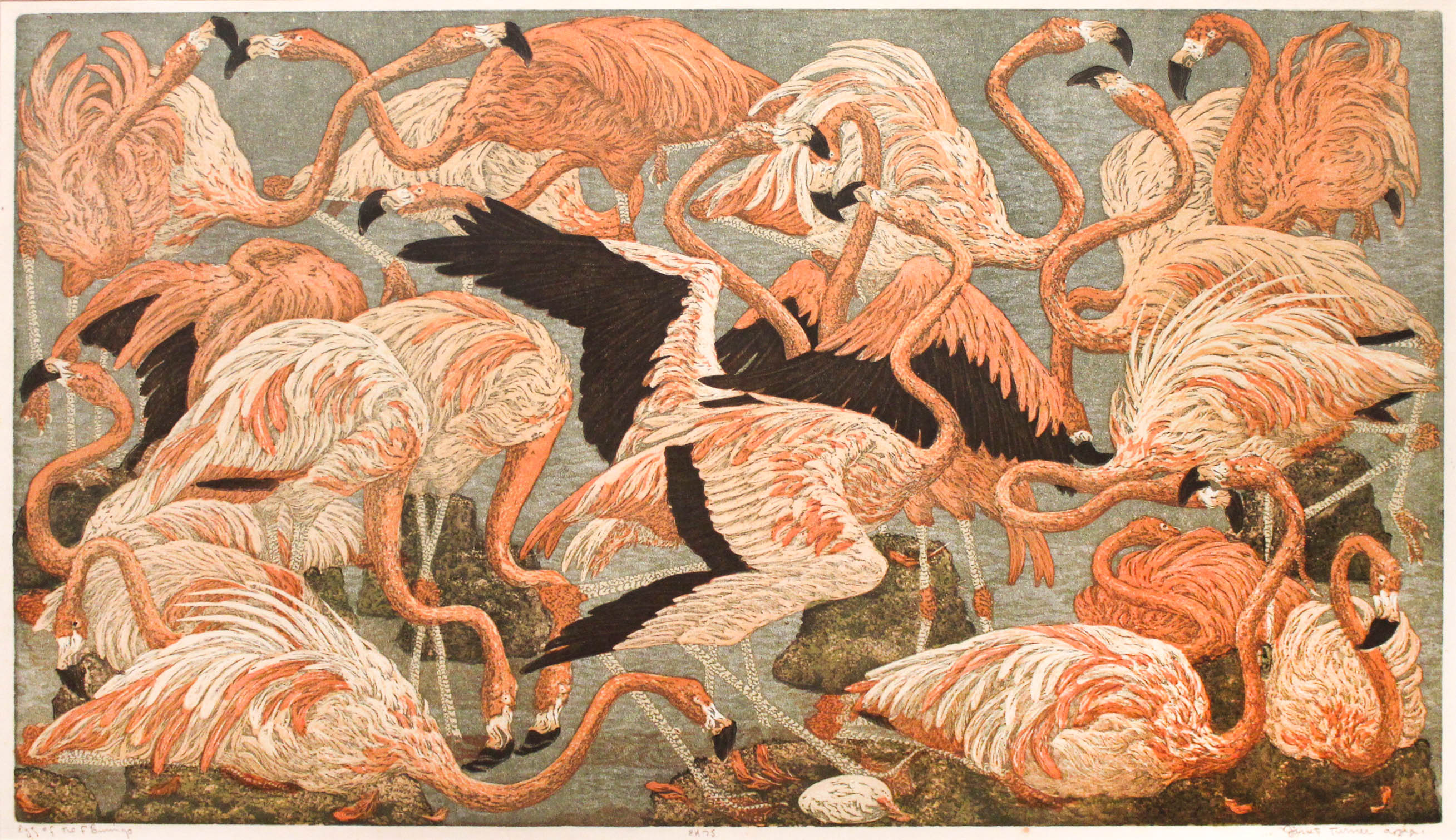 Janet Turner, Egg of the Flamingo, 1953,  color linocut