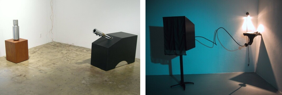  Left: The Idle Role of an Action Hero, 2003 (Vin, mahogany, stainless steel muffler, 160 watt amplifier, 60 watt 6 1/2 in. loudspeaker. Vocal samples taken from Vin Diesel's character in "The Fast and the Furious" pitch shifted and time stretched till they hummed; Arnold, wood form, metal cladding, stainless steel muffler, black rubber, 160 watt amplifier, 60 watt 6 1/2 in. loudspeaker. Vocal samples taken from A. Schwarzenegger's character in T1 and T2, pitch shifted and time stretched till they purred.) Right: Our Collapsed Star, 2003, turntable, antique phonograph horn, copper tubing, wood, metal cladding, subwoofer, single pressing 10 in. record playing Billie Holliday's "In My Solitude" and "If My Heart Could Only Talk" combined with the sound of the Black Hole at the Center of the Galaxy.
