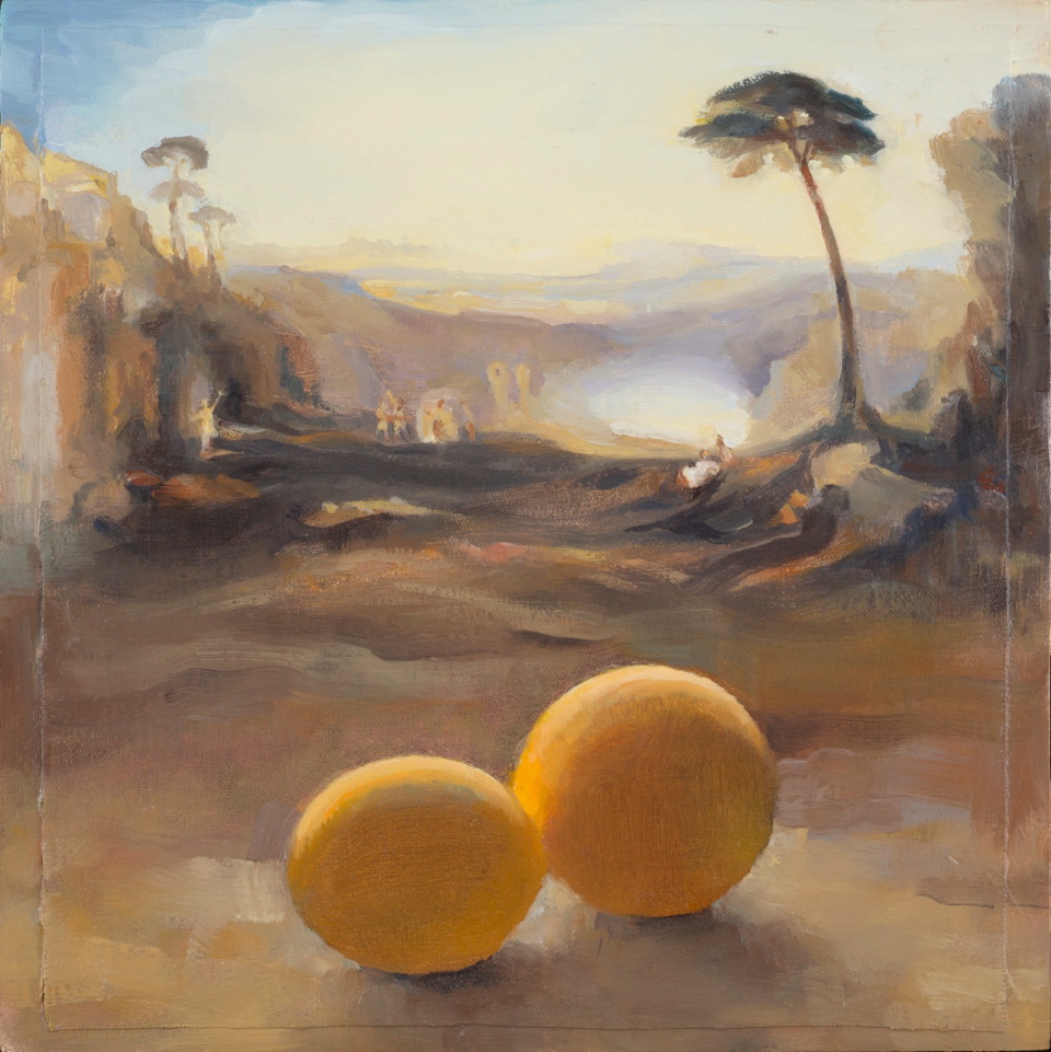 Carol Ivey, Romantic Landscape: The Golden Bough after Turner with Lemons, oil on linen panel.
