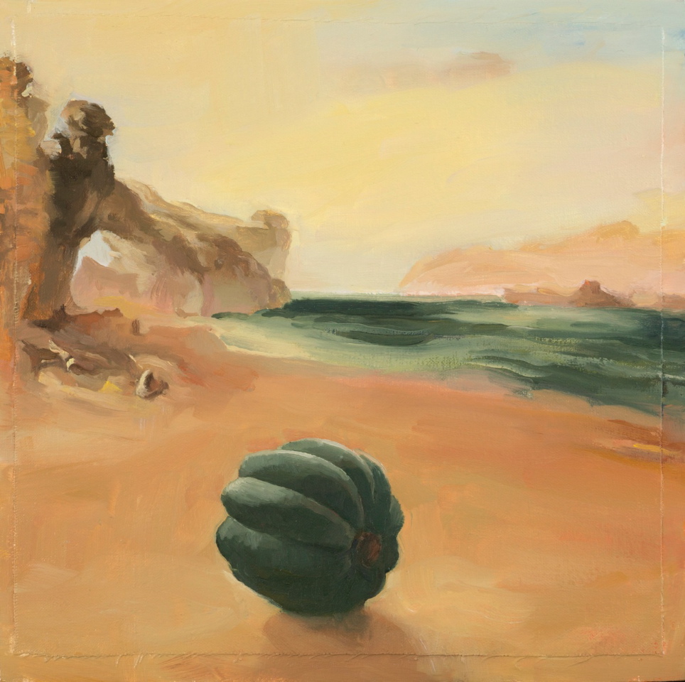 Carol Ivey, Romantic Landscape: Rocky Bay after J.M.W. Turner with Winter Squash, oil on linen panel.