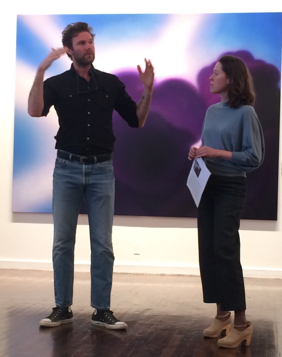 Dan Colen with Susan Sutton, director of Ballroom Marfa, in front of 'Goodnight My Love' 