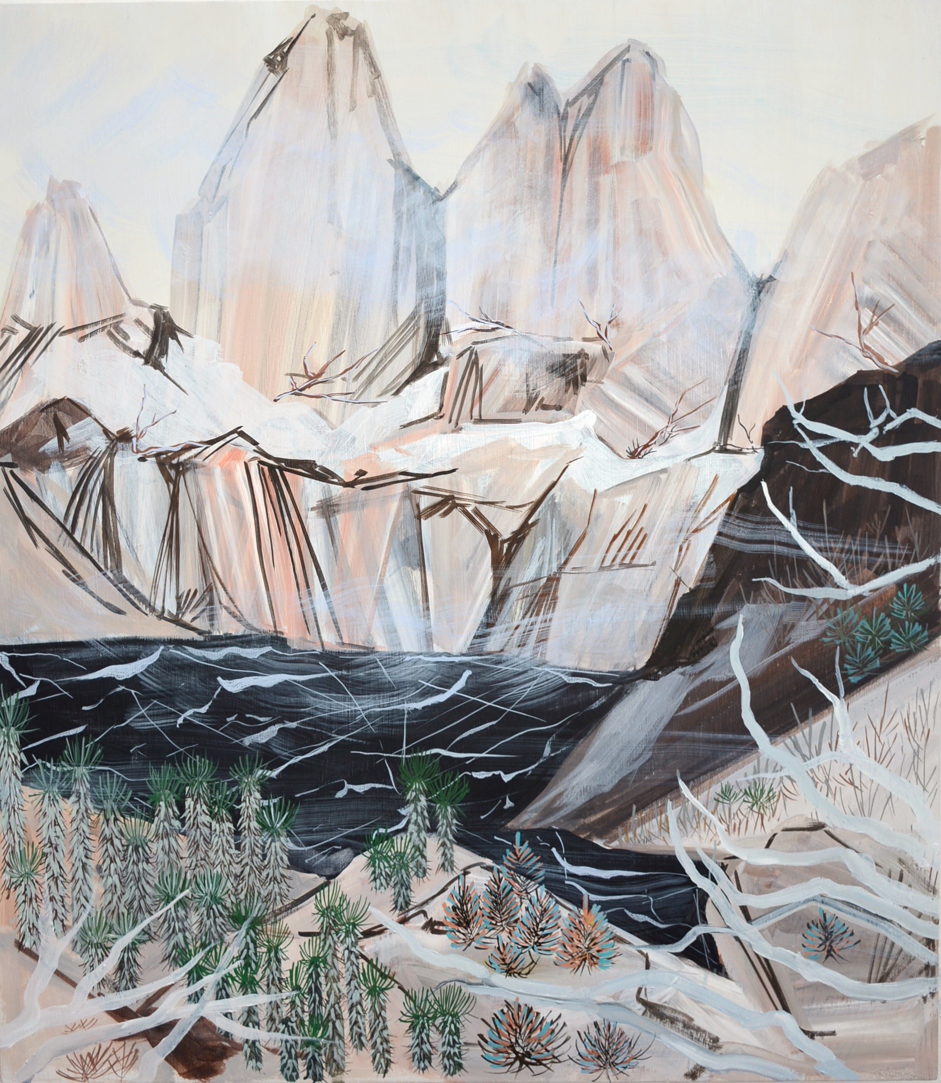 Erika Duque, Black Lake Mountain, acrylic pigment on wood panel.