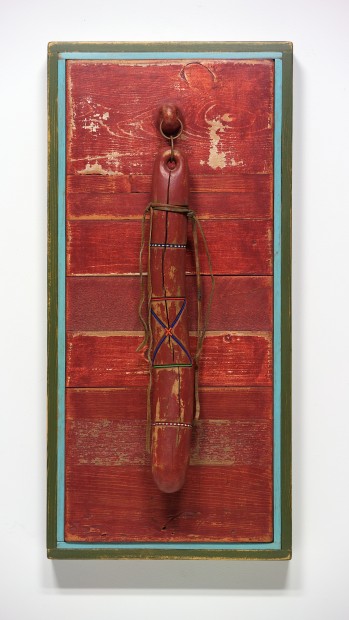 Ancestral Object - A Persistence of Memory (1994-08), acrylic on wood, metal, beads, leather, 32" h. x 15" w.