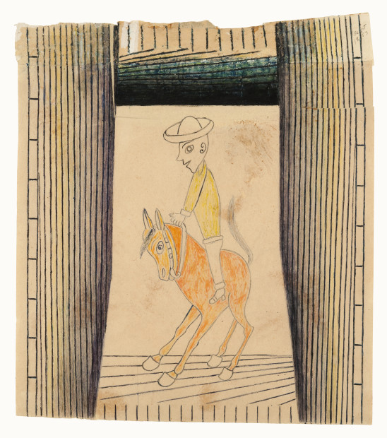 Martín Ramírez, Untitled (Horse and Rider), ca. 1953. Crayon and graphite on pieced paper, 27 5/8 × 24 inches. The Menil Collection, Houston, Promised gift of Stephanie and John Smither. © Estate of Martín Ramírez, courtesy of Ricco/Maresca Gallery