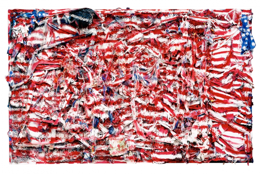 Thornton Dial, Don't Matter How Raggly the Flag, It Still Got to Tie Us Together, 2003. Mattress coils, chicken wire, clothing, can lids, found metal, plastic twine, wire, Splash Zone compound, enamel, and spray paint on canvas on wood. 