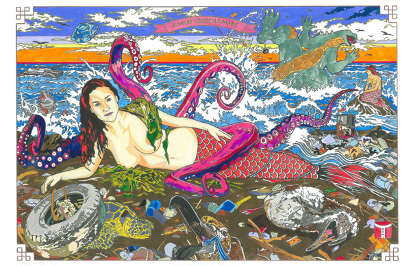 Jave Yoshimoto, Venus of Trash Isle, hand-colored seriography on paper, 11” x 17”