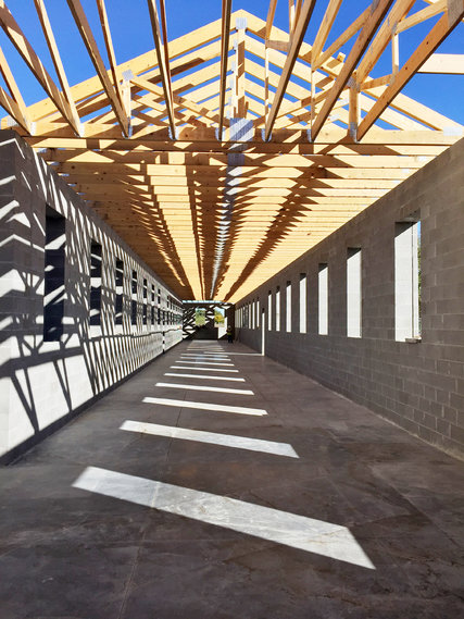 A wing of Robert Irwin's permanent installation for the Chinati Foundation in Marfa, Tex., under construction.