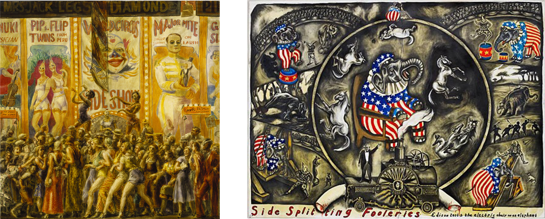 L: Reginald Marsh, Pip and Flip, 1932. Tempera on paper mounted on canvas, 48 ¼ x 48 ¼ in. Terra Foundation for American Art, Chicago. R: Sue Coe, Side Splitting Fooleries: Edison Tests the Electric Chair on an Elephant, 2007, graphite, gouache, and watercolor on board, 40 x 54 ½ in. The Galerie St. Etienne, New York