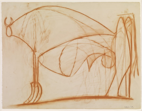 Pablo Picasso, The Bull (Le taureau), August 5, 1949. Red chalk on paper, 20 1/8 × 26 in. (51 × 66 cm). Private Collection. Courtesy Almine and Bernard Ruiz-Picasso Foundation for the Arts. © 2016 Estate of Pablo Picasso / Artists Rights Society (ARS), New York. Photo: FABA