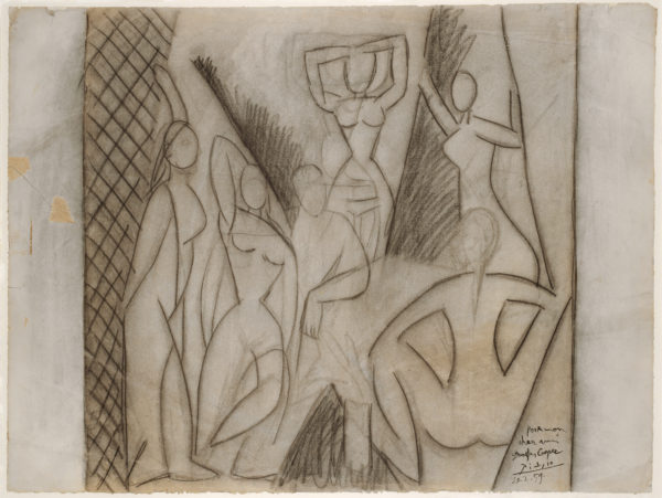 Pablo Picasso, Study for "Les Demoiselles d'Avignon" (Étude pour "Les Demoiselles d'Avignon"), May 1907. Charcoal on paper, 18 3/4 × 25 1/8 in. (47.6 × 63.7 cm). Kunstmuseum Basel, Kupferstichkabinett, inv. no. 1984.494, Gift of Douglas Cooper, Paris, 1984. © 2016 Estate of Pablo Picasso / Artists Rights Society (ARS), New York