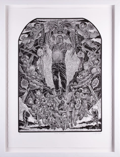 Juan de Dios Mora, Asunción del Emigrante (Ascension of the Immigrant), 2009, linocut, 24 x 18 1/8 in.