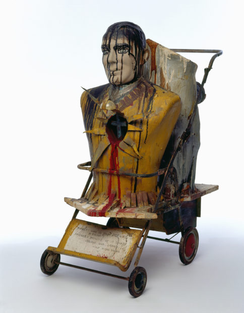 Edward Kienholz, John Doe, 1959. Oil, metallic paint, resin, plaster, and graphite on mannequin parts with wood, metal, plastic, paper, rubber, and stroller, 39 1/2 × 19 × 31 1/4 in. 