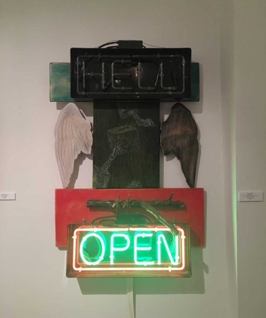 Purgatory, 2012, acrylic on canvas, neon signs, branch and. birds' feet