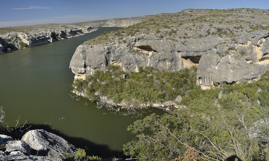 View of the Pecos River and White Shaman Shelter from across the canyon.