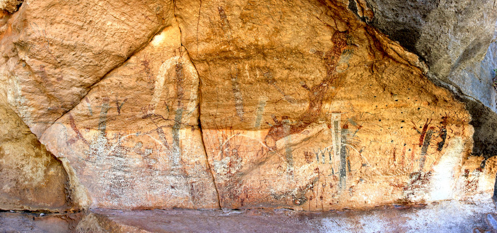 The polychromatic Pecos River style mural at the White Shaman site is approximately 26 feet long and 13 feet high.