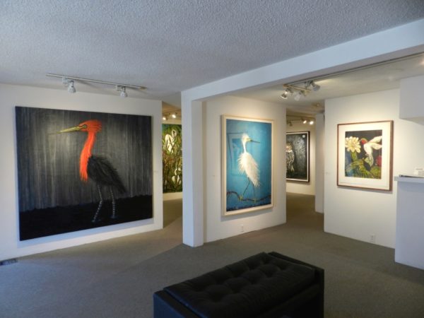 <Installation View, Foreground, Left to Right> Frank X. Tolbert, Reddish Egret (Oil and graphite on canvas), Snowy Egret (Oilstick and graphite on paper) and Ruby-Throated Hummingbird (Color etching on Rives BFK)