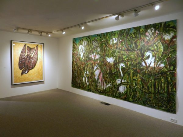 Installation View, Left: Frank X. Tolbert, Chicken Hawk, 2015, Oilstick and graphite on paper, 60 x 44 in. and Right: Frank X. Tolbert, High Island Rookery, 2015, oil on paper, 80 x 140 in.