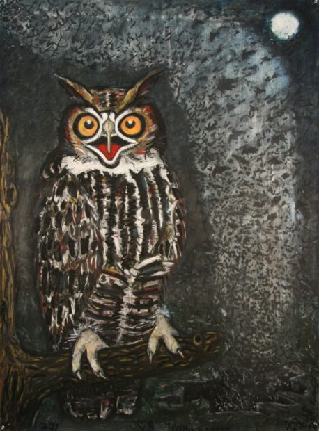 Frank X. Tolbert, Great Horned Owl, 2015, Oilstick and graphite on paper, 60 x 44 in.
