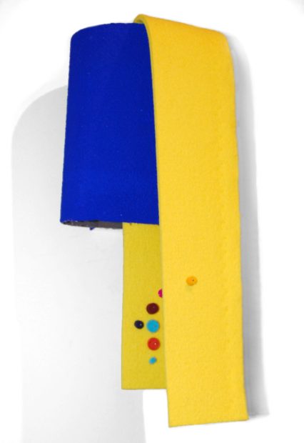 Sensorium #2, Le Corbusier acrylic paint, virgin wool felt, tailor’s pins, sandpaper, and wood, 16 x 7 x 7 inches, 2017