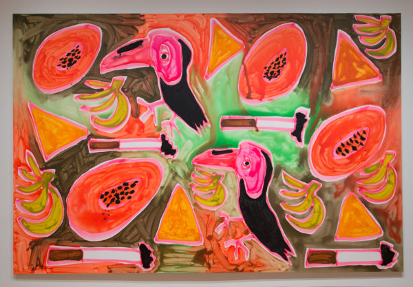 Katherine Bernhardt, Jungle Snack (Orange and Green),2017 Acrylic and spray paint on canvas, Courtesy of the Modern Art Museum of Fort Worth
