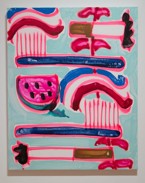 Katherine Bernhardt, Aqua Fresh+ Toothbrushes + Cigarettes+ a Vine ,2017 Acrylic and spray paint on canvas, Courtesy of the Modern Art Museum of Fort Worth
