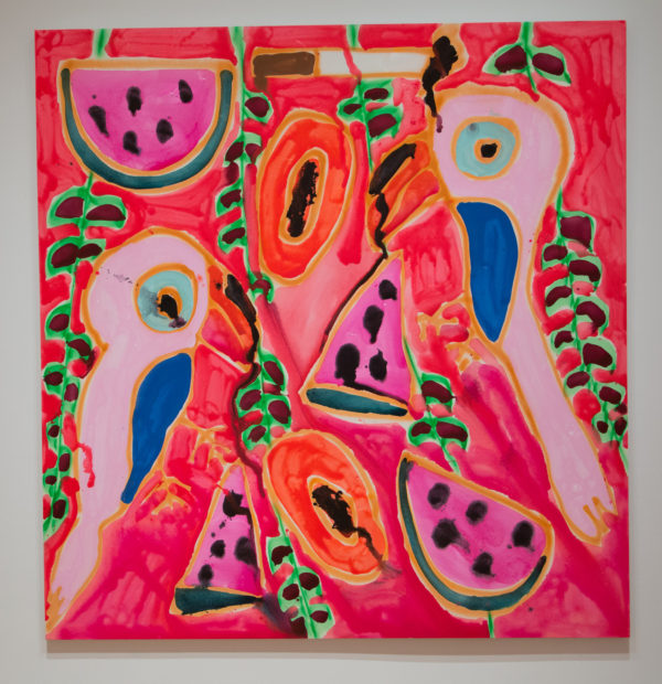 Katherine Bernhardt, Watermelons + Toucans + Papaya + Vines + Cigarette ,2017, Acrylic and spray paint on canvas, Courtesy of the Modern Art Museum of Fort Worth