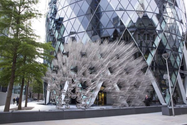 IMAGE: Ai Weiwei, Forever Bicycles, 2014. Installation view, Sculpture in the City, in partnership with the Royal Academy of Arts Exhibition, London, 2015. Artwork © Ai Weiwei Studio. Courtesy the artist, Lisson Gallery, and Sculpture in the City/City of London. Photograph by Nick Turpin.