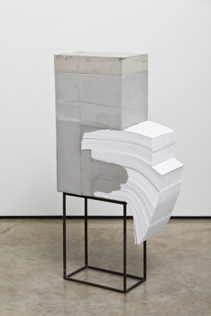 White Lies 4, 2017, concrete, paper, and steel