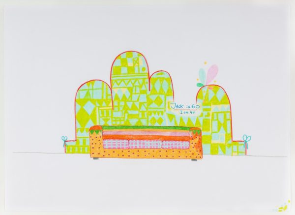 Lily van der Stokker Jack Is 60, I Am 44, Design for Wall Painting and Couch, 1998