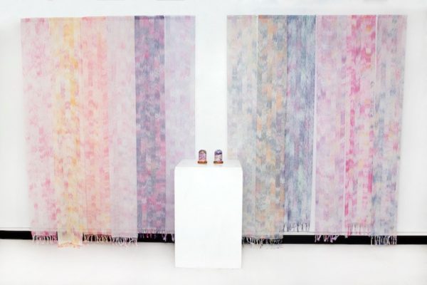 Molly Beaufait, Roseate, 2017. Hand-woven 10/2 cotton thread, MX dye, 6 x 9 feet, two pieces.