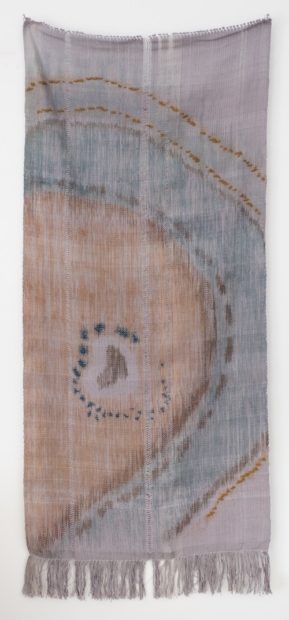 Jennifer Cummings, Days and Connections, Silkscreen pigment on hand woven cotton and linen, boucle, wool / mohair blend yarn, 61 x 28 inches, 2016