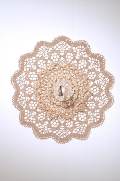 Casey Galloway, Future Suspended, Antique doilies, tea stain, found bottles, soil, water, cotton seed, cotton thread, pins, 30 x 30 x 3 inches, 2015