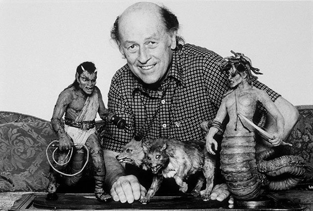 Ray Harryhausen with the model of Bubo the owl from Clash of the Titans  (1981)