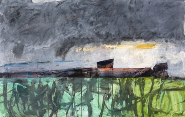 Pond with Red Barn, 2017, oil, ink and graphite on yupo, 38 x 60 inches