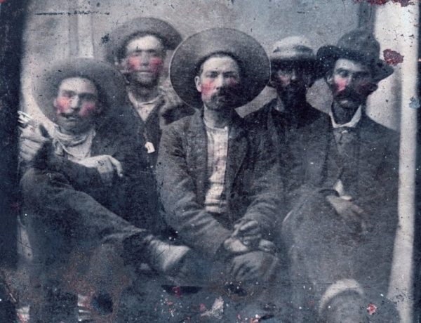 Historians believe Billy the Kid is second from left, and Pat Garrett is far right, in a photo taken in 1880. Via the NYTimes and Frank Abrams.