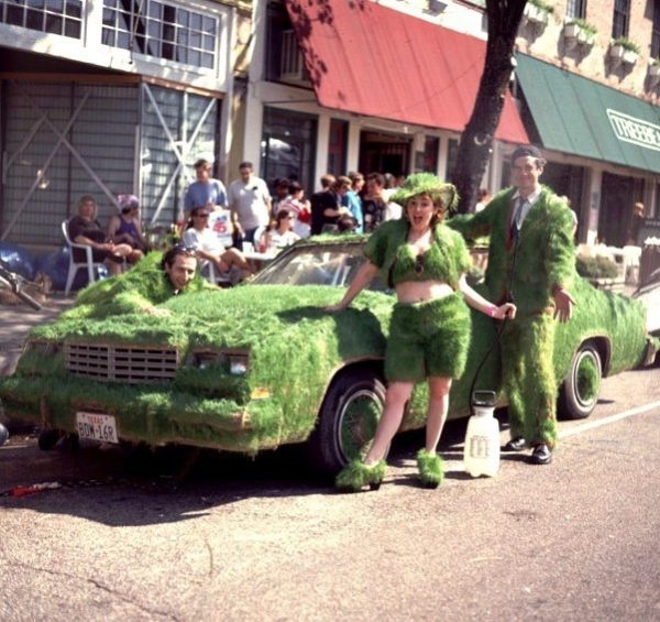 Gene Pool, Grass Car and Grass Suits, 1992, Art Car Parade, Houston (L. to R. - Gene Pool, Sasha Sumner, the author.)