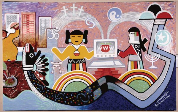 Michael Kabotie and Delbridge Honanie, Journey of the Human Spirit – Hope: Confusion and Hope (Panel 6), 2001, acrylic on canvas, Courtesy of the Museum of Northern Arizona, © Gene Balzer