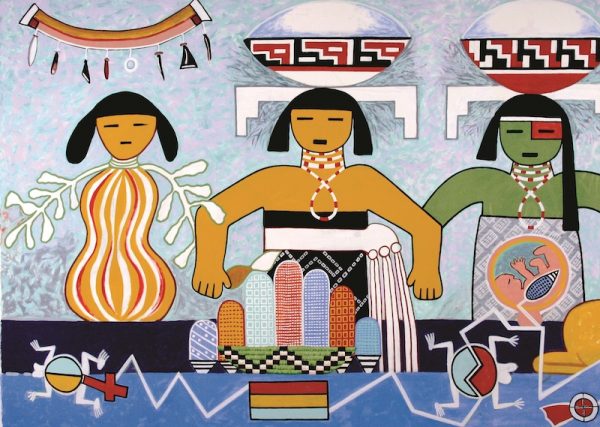 Michael Kabotie and Delbridge Honanie, Journey of the Human Spirit – Middle Place: The Rebirth (Panel 3), 2001, acrylic on canvas, Courtesy of the Museum of Northern Arizona, © Gene Balzer