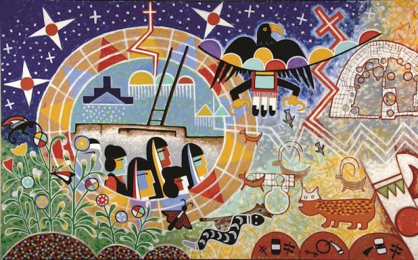 Michael Kabotie and Delbridge Honanie, Journey of the Human Spirit – The Emergence (Panel 1), 2001, acrylic on canvas, Courtesy of the Museum of Northern Arizona, © Gene Balzer