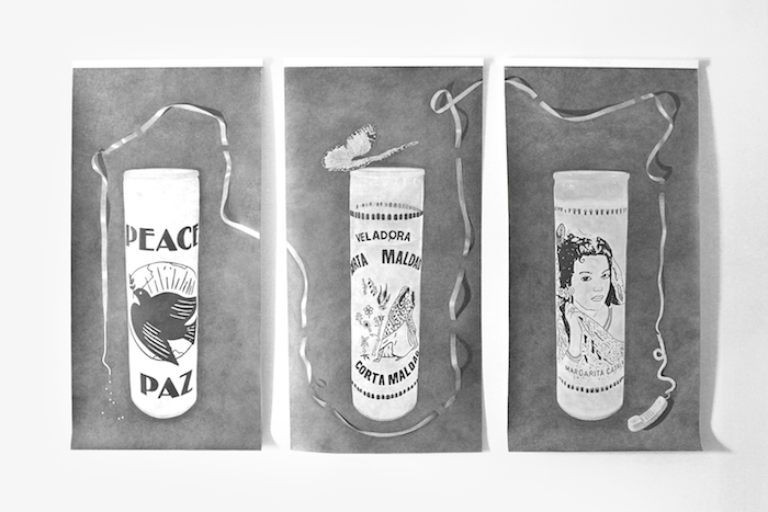 CANDLES, TRIPTYCH, 2018, FROM 'HOUSE AND UNIVERSE' EXHIBITION GRAPHITE ON PAPER DIMENSIONS: 113.5”W X 69"H