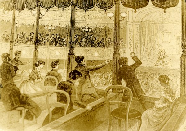 Audience throwing food at performers in Baldwin's Theatre in San Francisco, ca. 1885. Albert Davis / American Theaters Collection, Harry Ransom Center.