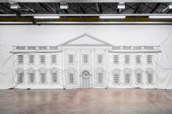Rodney McMillian, The White House Painting, 2018. Vinyl and thread. 13 feet x 42 feet 4 inches. Commissioned by The Contemporary Austin, with funds provided by the Suzanne Deal Booth Art Prize. Installation view, Rodney McMillian: Against a Civic Death, The Contemporary Austin – Jones Center. Photography by Colin Doyle.