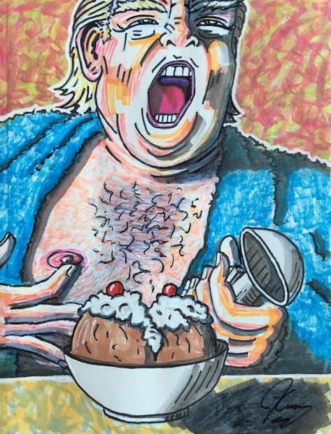 Retrato de Donald Trump con la boca abierta. Viste una bata de baño azul semiabierta. Con una mano parece acariciar su pezón derecho y con la otra sostiene una cuchara para helado. Frente a él está servida una copa de helado con dos bolas, crema batida y cerezas.