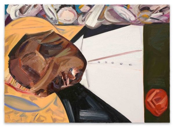 Pintura abstracta del interior de un ataúd. Es posible discernir el traje de la persona de piel de tono oscuro que está dentro pero no su rostro. 